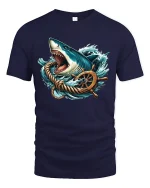 Fierce Ocean Shark Wheel Graphic Tee With Nautical Power - navy t-shirt on white background