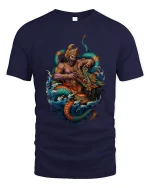 Mythic Monkey King Dragon Battle Graphic Tee With Legendary Power - navy t-shirt on white background