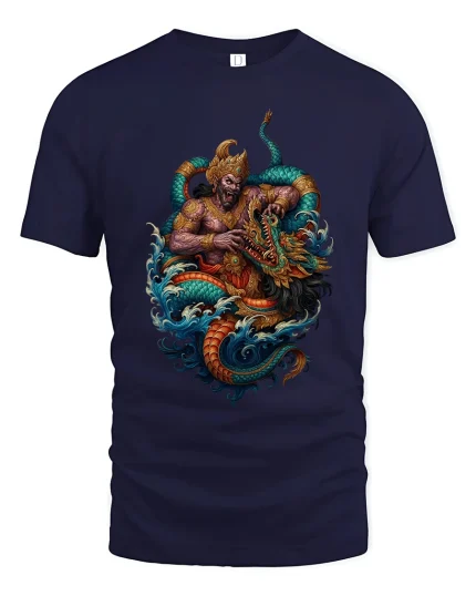 Mythic Monkey King Dragon Battle Graphic Tee With Legendary Power - navy t-shirt on white background