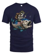 Skeleton Fishing Riding Giant Fish Graphic Tee With Dark Humor - navy t-shirt on white background