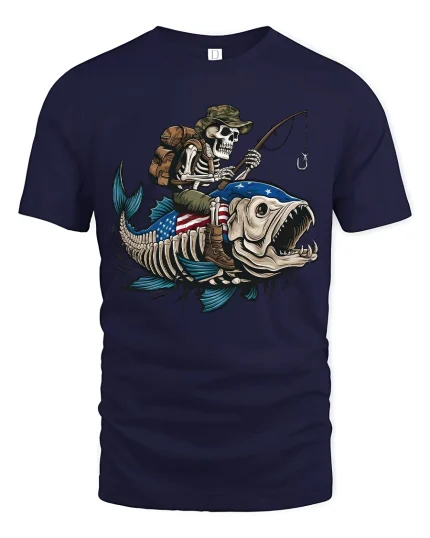 Skeleton Fishing Riding Giant Fish Graphic Tee With Dark Humor - navy t-shirt on white background