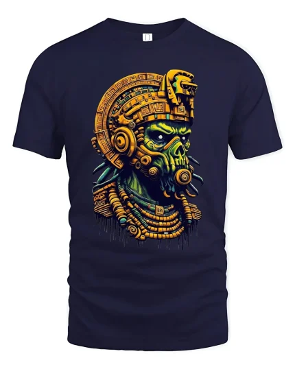Aztec Skull Warrior Graphic Tee With Mythic Cyber Style - navy t-shirt on white background