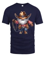 Funny Cowboy Gnome Graphic Tee With Western Charm Style - navy t-shirt on white background