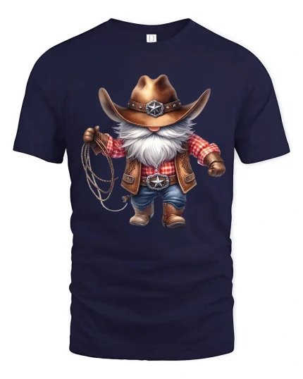 Funny Cowboy Gnome Graphic Tee With Western Charm Style - navy t-shirt on white background