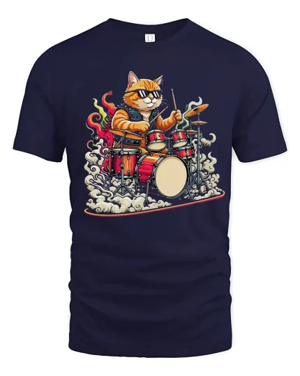 Funny Rock Drummer Cat Graphic Tee With Cool Music Vibes - navy t-shirt on white background