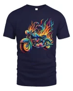 Flaming Neon Motorcycle Graphic Tee With Psychedelic Street Art - navy t-shirt on white background
