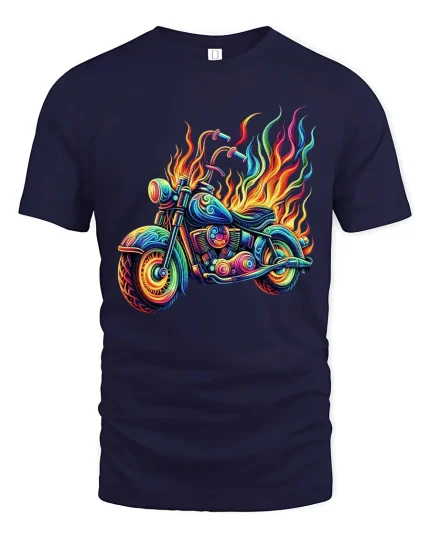 Flaming Neon Motorcycle Graphic Tee With Psychedelic Street Art - navy t-shirt on white background