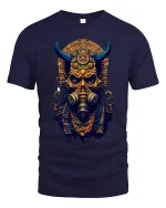 Dark Tribal Demon Skull Graphic Tee With Ancient Cyber Energy - navy t-shirt on white background