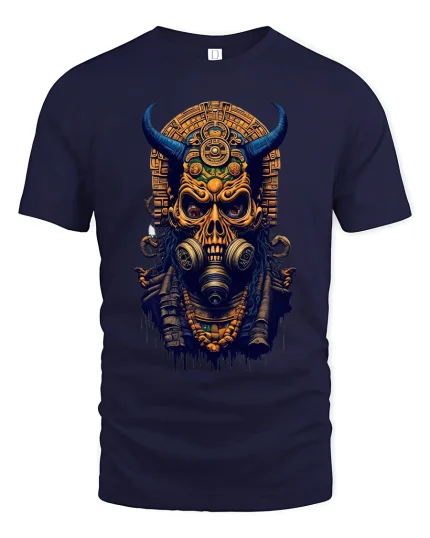 Dark Tribal Demon Skull Graphic Tee With Ancient Cyber Energy - navy t-shirt on white background