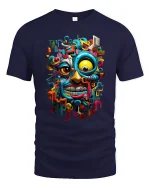 Colorful Abstract Face Graphic Tee With Bold Urban Art Energy - navy t-shirt on white background