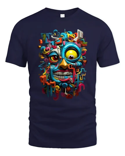 Colorful Abstract Face Graphic Tee With Bold Urban Art Energy - navy t-shirt on white background