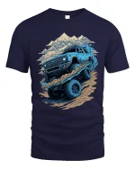 Off Road Mountain Adventure Truck Graphic Tee Shirt Design - navy t-shirt on white background