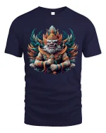 Mythic Guardian Deity Graphic Tee With Powerful Fantasy Art Style - navy t-shirt on white background