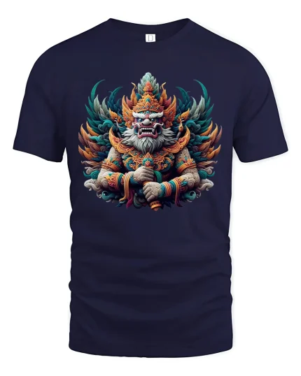 Mythic Guardian Deity Graphic Tee With Powerful Fantasy Art Style - navy t-shirt on white background