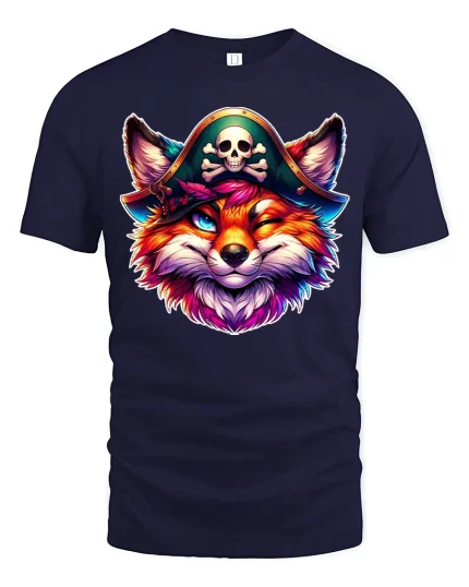 Pirate Fox Graphic Tee With Colorful Mischief And Bold Fantasy Art - navy t-shirt on white background