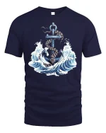Nautical Anchor Graphic Tee With Ocean Waves And Timeless Sea Power - navy t-shirt on white background
