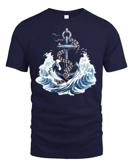 Nautical Anchor Graphic Tee With Ocean Waves And Timeless Sea Power - navy t-shirt on white background