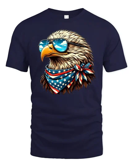Patriotic Bald Eagle Graphic Tee With Sunglasses And American Pride - navy t-shirt on white background