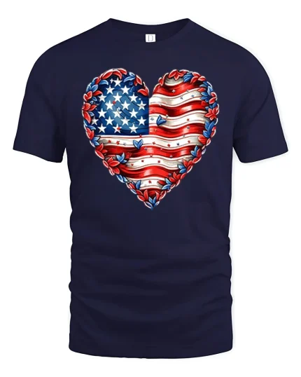 American Flag Heart Graphic Tee With Patriotic Love Style - navy t-shirt on white background