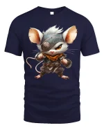 Cute Warrior Mouse Fantasy Character Art Graphic Tee Shirt - navy t-shirt on white background