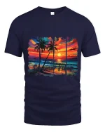 Summer Vibes Tropical Sunset Beach Art Graphic Tee Shirt - navy t-shirt on white background