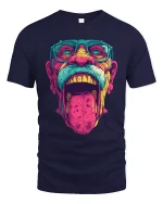 Trippy Wild Face Pop Art Graphic Tee With Bold Neon Energy - navy t-shirt on white background
