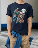 Steampunk Mechanical Eagle Art Graphic Tee Shirt Design - model wearing navy tee with hands in pockets