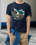 Fierce Ocean Shark Wheel Graphic Tee With Nautical Power - model wearing navy tee with hands in pockets