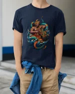 Mythic Monkey King Dragon Battle Graphic Tee With Legendary Power - model wearing navy tee with hands in pockets