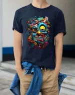 Colorful Abstract Face Graphic Tee With Bold Urban Art Energy - model wearing navy tee with hands in pockets