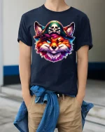 Pirate Fox Graphic Tee With Colorful Mischief And Bold Fantasy Art - model wearing navy tee with hands in pockets