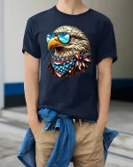Patriotic Bald Eagle Graphic Tee With Sunglasses And American Pride - model wearing navy tee with hands in pockets