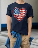American Flag Heart Graphic Tee With Patriotic Love Style - model wearing navy tee with hands in pockets