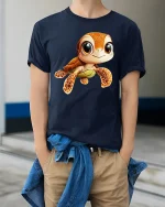 Cute Baby Sea Turtle Graphic Tee With Smiling Ocean Charm - model wearing navy tee with hands in pockets