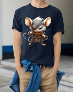 Cute Warrior Mouse Fantasy Character Art Graphic Tee Shirt - model wearing navy tee with hands in pockets