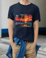 Summer Vibes Tropical Sunset Beach Art Graphic Tee Shirt - model wearing navy tee with hands in pockets