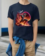 Spartan Warrior Fire Battle Epic Greek Mythology Art Tee - model wearing navy tee with hands in pockets