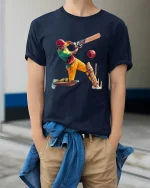 Epic Cricket Power Shot Action Illustration Sports Graphic Tee - model wearing navy tee with hands in pockets