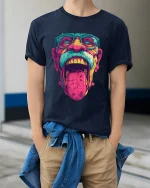 Trippy Wild Face Pop Art Graphic Tee With Bold Neon Energy - model wearing navy tee with hands in pockets