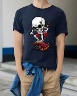 Flaming Skull Skater Graphic Tee With Hardcore Street Attitude - model wearing navy tee with hands in pockets