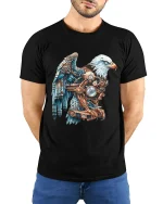 Steampunk Mechanical Eagle Art Graphic Tee Shirt Design - model wearing black tee with hands behind back