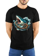 Fierce Ocean Shark Wheel Graphic Tee With Nautical Power - model wearing black tee with hands behind back