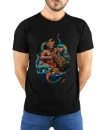 Mythic Monkey King Dragon Battle Graphic Tee With Legendary Power - model wearing black tee with hands behind back