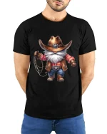 Funny Cowboy Gnome Graphic Tee With Western Charm Style - model wearing black tee with hands behind back