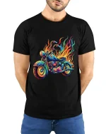 Flaming Neon Motorcycle Graphic Tee With Psychedelic Street Art - model wearing black tee with hands behind back
