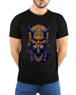 Dark Tribal Demon Skull Graphic Tee With Ancient Cyber Energy - model wearing black tee with hands behind back
