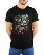 Colorful Abstract Face Graphic Tee With Bold Urban Art Energy - model wearing black tee with hands behind back