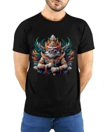 Mythic Guardian Deity Graphic Tee With Powerful Fantasy Art Style - model wearing black tee with hands behind back
