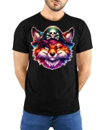 Pirate Fox Graphic Tee With Colorful Mischief And Bold Fantasy Art - model wearing black tee with hands behind back