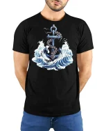 Nautical Anchor Graphic Tee With Ocean Waves And Timeless Sea Power - model wearing black tee with hands behind back